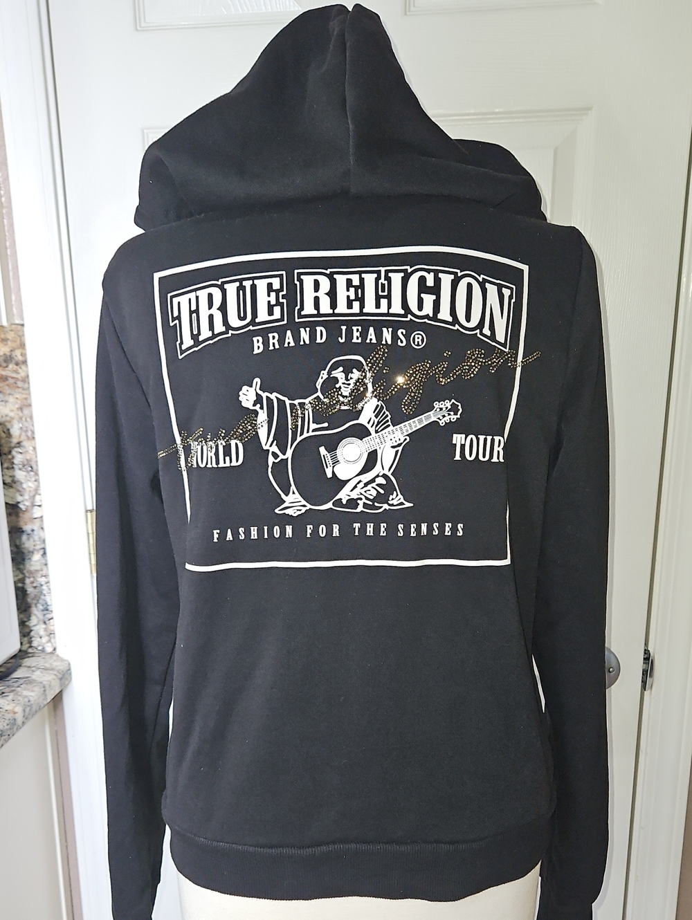 True Religion Black Gold Rhinestone Zip-Up Hoodie with Buddah Graphic Size Small
